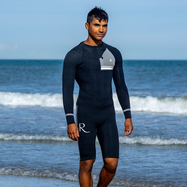 Shorty Double Zip Rivage Homme 4/3 noir, vue de face, longe-côte - Saint Jacques Wetsuits